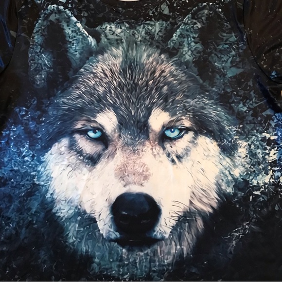 3D Wolf Print Long Sleeve Graphic Tee Double Sided Adult Size 2XL Athletic Blue - Picture 2 of 4
